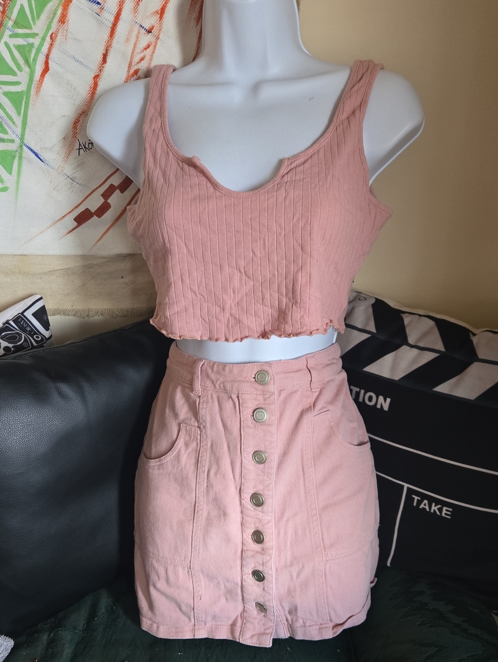 Women’s Pink Ribbed Crop Tank Top And Skirt Set
